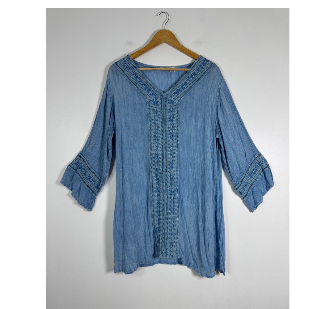 Boho‎ Raya Sun Womens L/XL Tunic Top Blue Embroidered Lace Bell Sleeve Coastal
